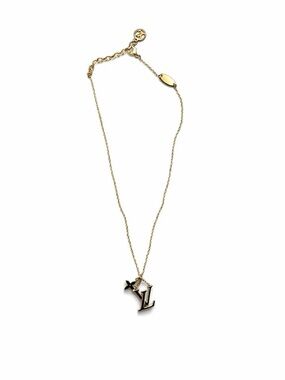 Louis Vuitton LV Monogram Flower Necklace Gold Tone Black Enamel Designer